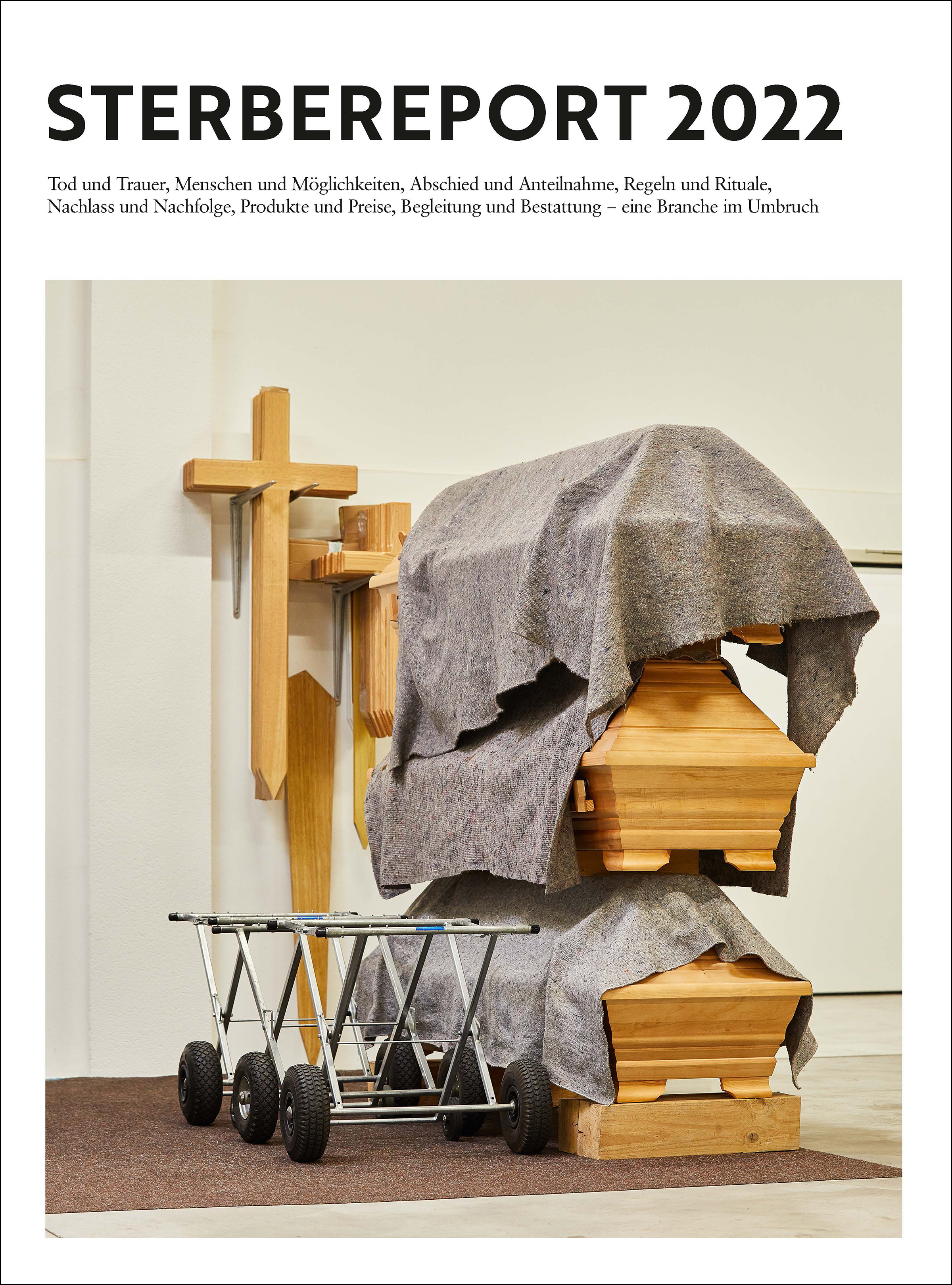 Cover page of the “Sterbereport 2022” with a photo of coffins and wooden crosses, visually representing the themes of death and burial.