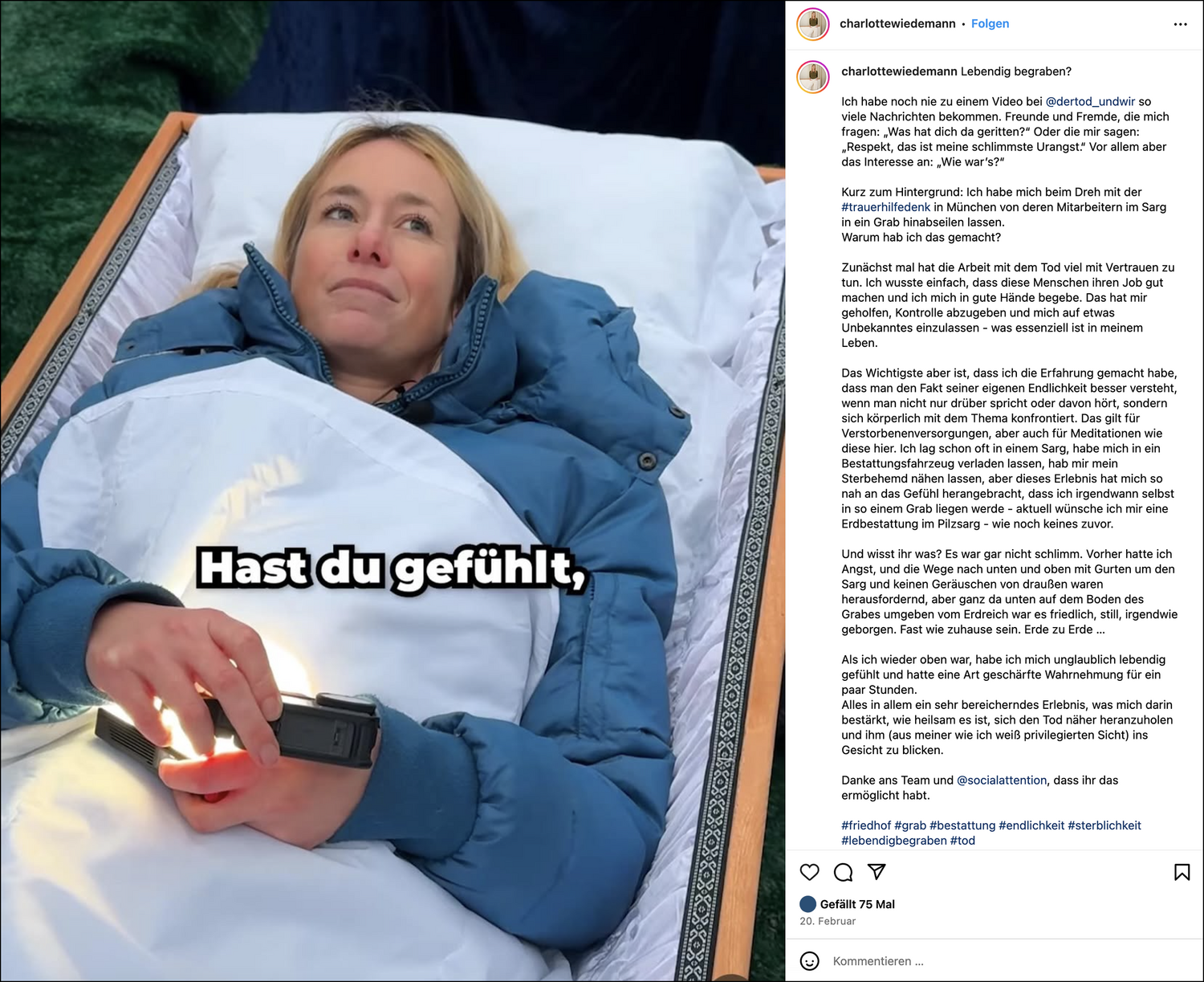Screenshot of an Instagram post by Charlotte Wiedemann commenting on the video by “@dertod_undwir” in which she got herself buried alive.