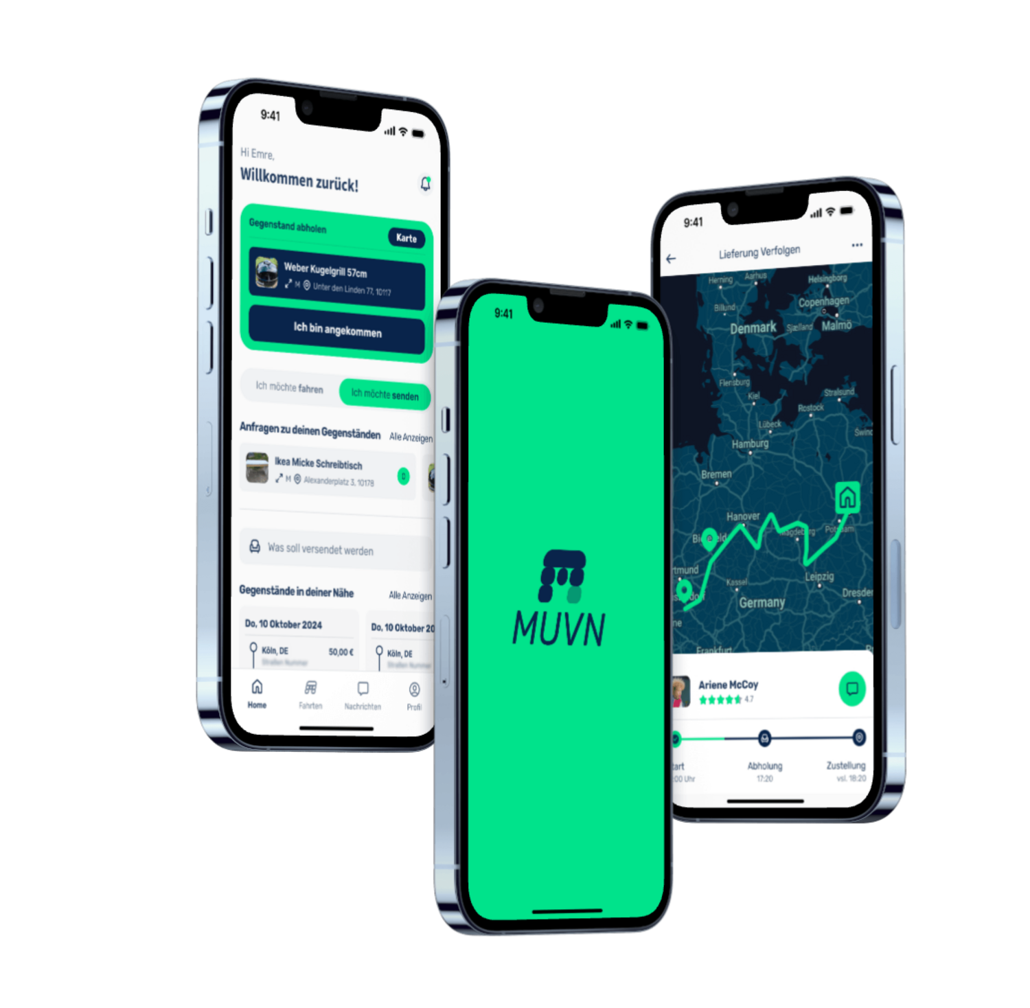 Mehrere Ansichten der MUVN App, darunter das Dashobard, der Start-Screen mit Logo und eine Karten-Ansicht