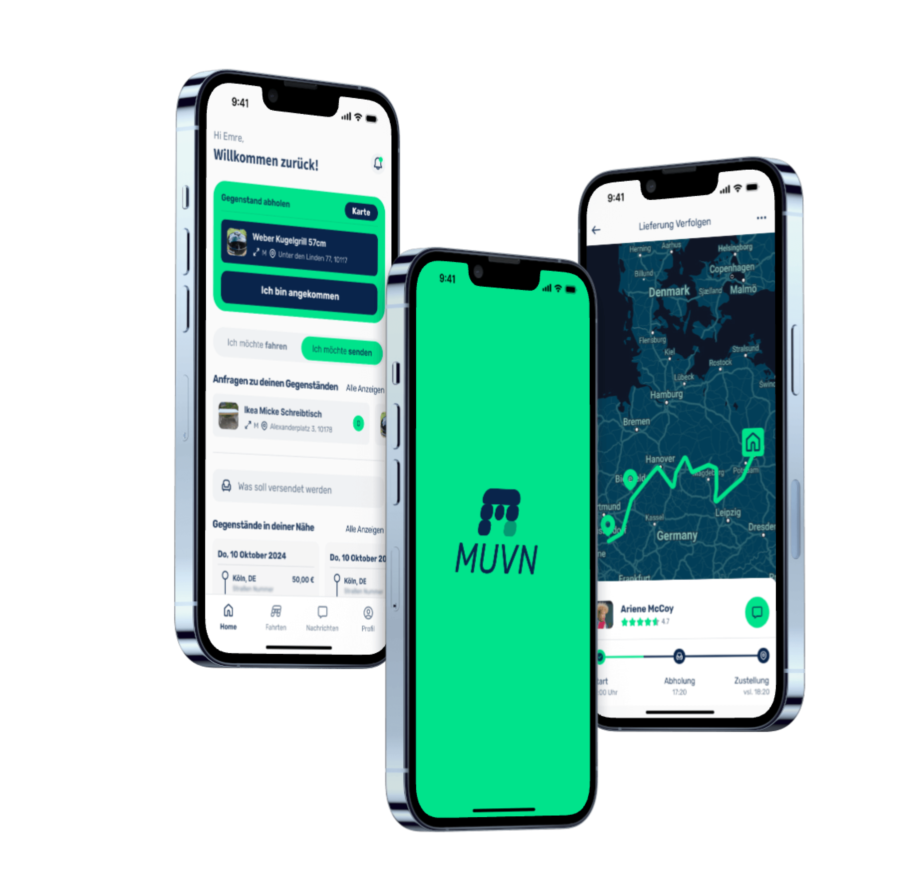 Mehrere Ansichten der MUVN App, darunter das Dashobard, der Start-Screen mit Logo und eine Karten-Ansicht