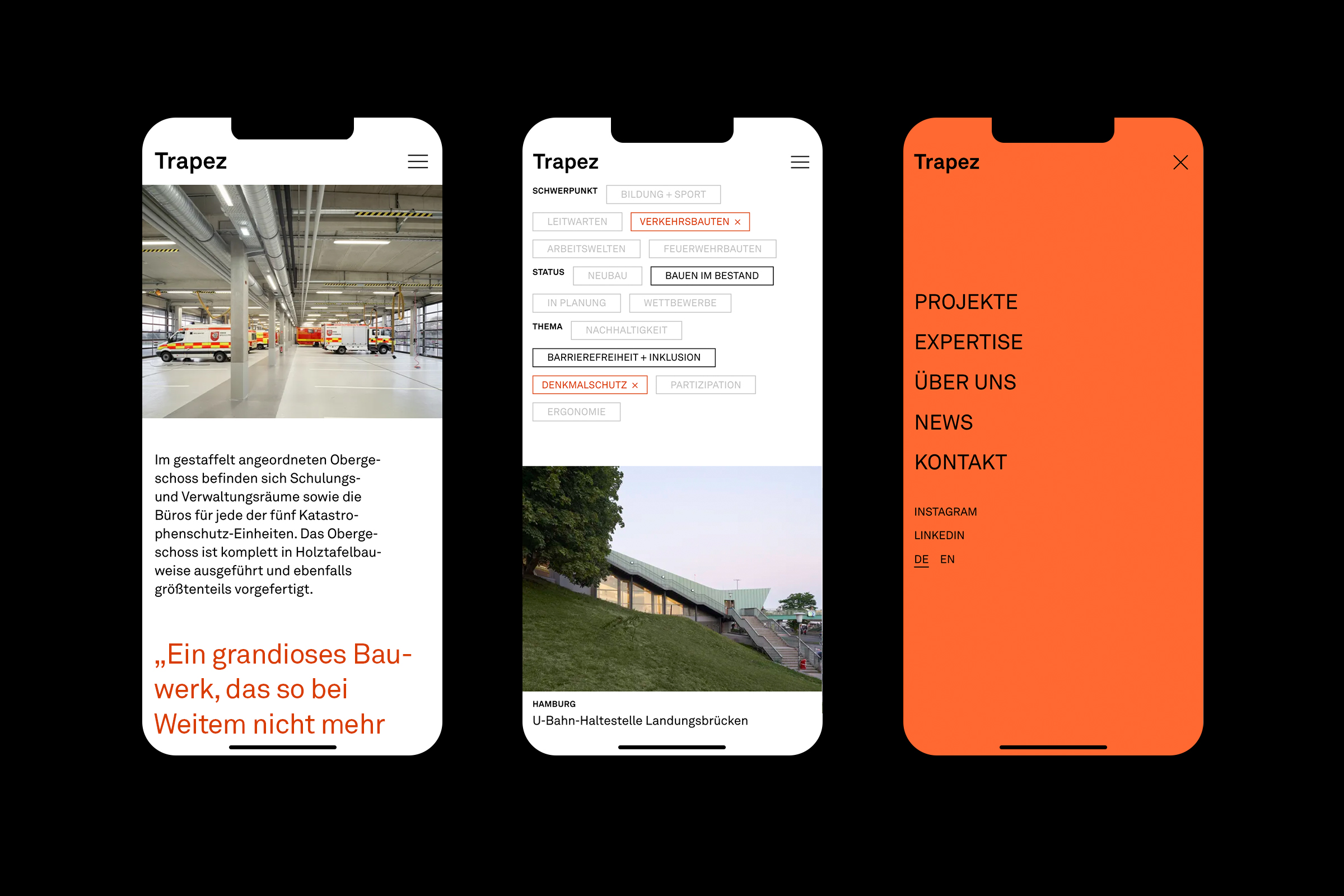 Three smartphone screens on a black background displaying the Trapez website: an article page, the project overview filter function, and the mobile menu.