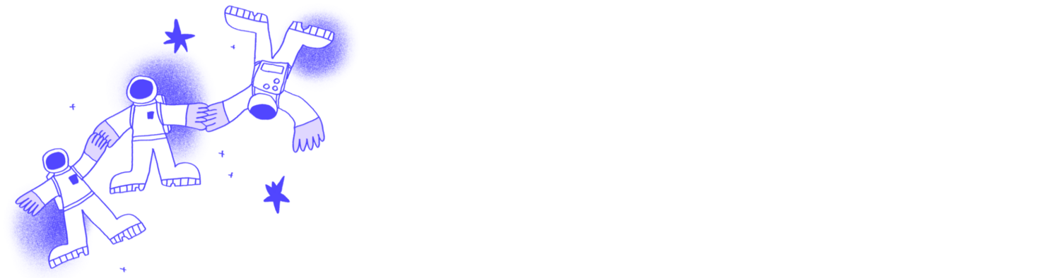 An illustration of three astronauts in suits floating in space and holding hands.