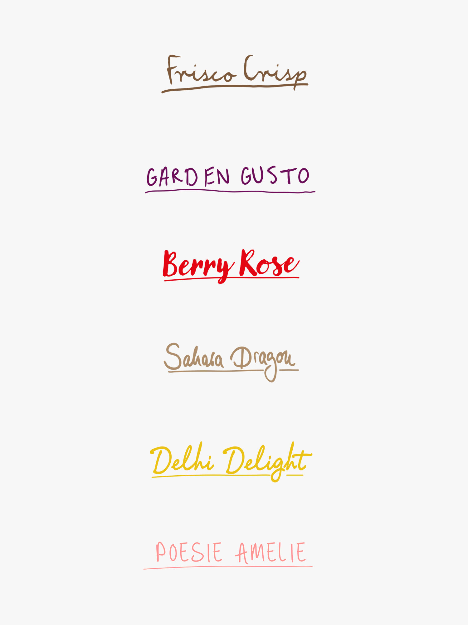 Foodloose-Sorten in verschiedenen Farben und Handschriften