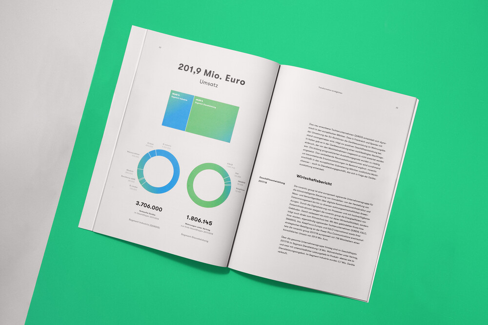 Double page cover with graphics and text on green background.