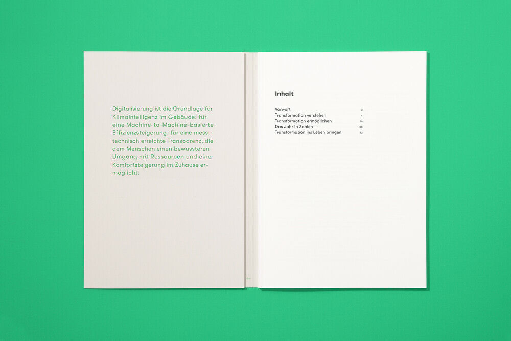 Inside cover with first page with table of contents on green background.